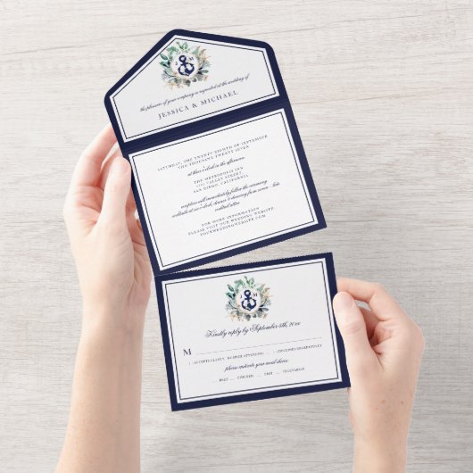 航海のいかりグリーナリーリースネイビー結婚ズ オールインワン招待状 (貼ってはがせる)