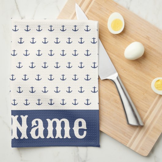 航海のいかりコーストストライプレービーブルークリーム キッチンタオル (四つ折り)