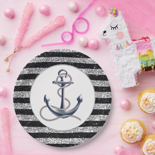 航海のいかりシルバーブストライプラック結婚ズ ペーパープレート (パーティー)