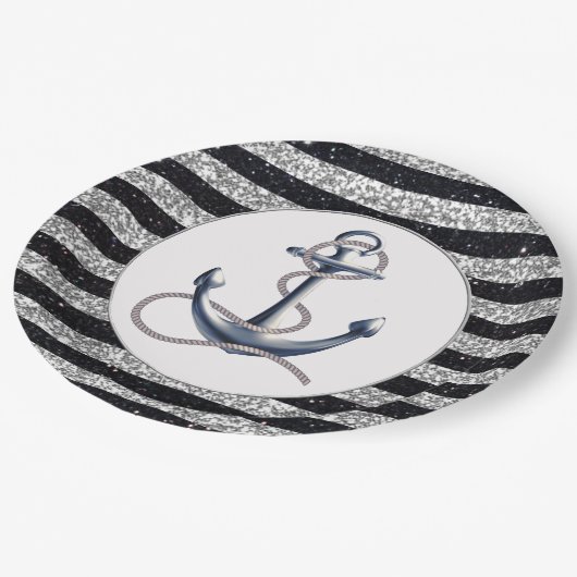 航海のいかりシルバーブストライプラック結婚ズ ペーパープレート (アングル)