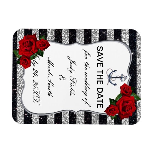 航海のいかりシルバーブストライプラック結婚ズ マグネット (横)