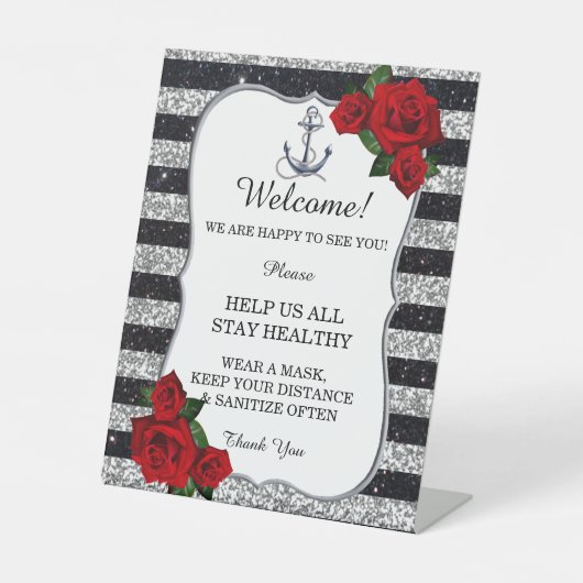 航海のいかりシルバーブラックストライプ結婚の安全 台座サイン (正面)