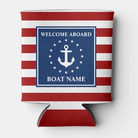 航海のいかりストライプのボート名スター 缶クーラー (正面)