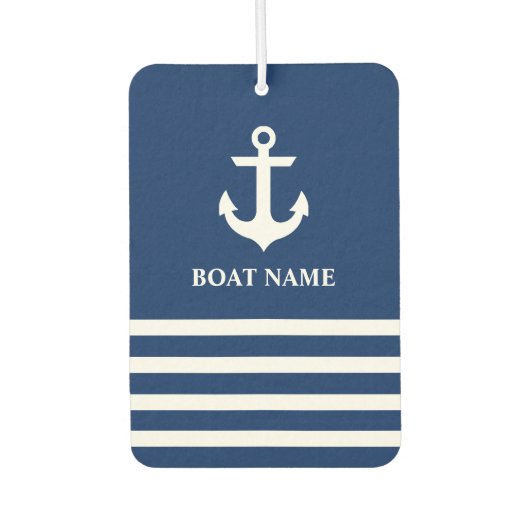 航海のいかりストライプのボート名ネイビーブルー カーエアーフレッシュナー (正面)