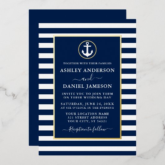 航海のいかりストライプズ結婚ブルー金ゴールド 箔招待状 (正面/裏面)