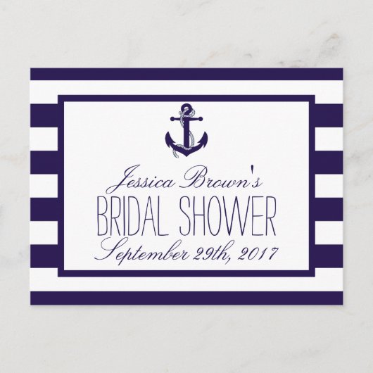 航海のいかりネイビストライプーブライダルシャワーレシピ インビテーションポストカード (正面)