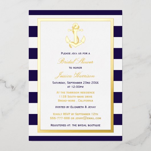 航海のいかりネイビストライプーブライダルシャワー実在 箔招待状 (正面)