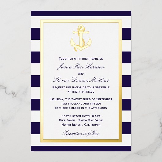 航海のいかりネイビストライプー結婚実在ズ 箔招待状 (正面)