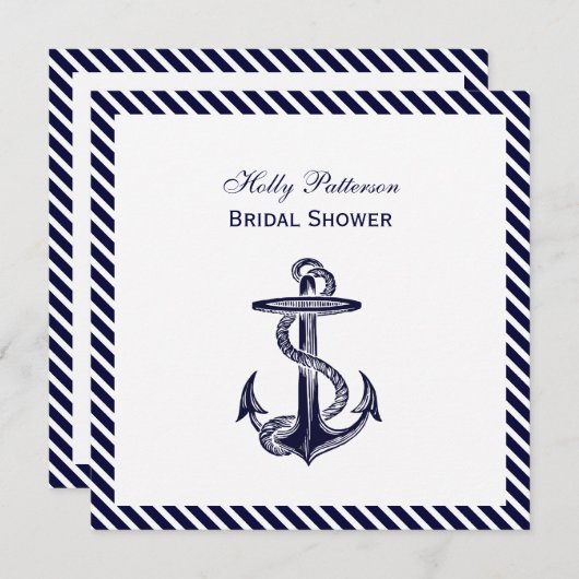 航海のいかりネイビストライプー診断ブライダルシャワー 招待状 (正面/裏面)