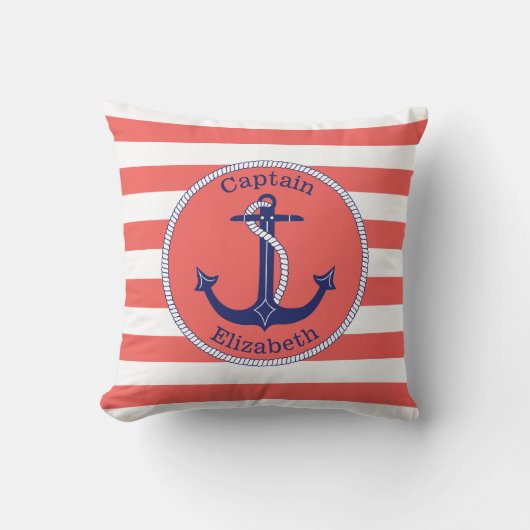 航海のいかりネイビーとコーラルパーソナライズされた クッション (正面)