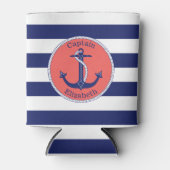 航海のいかりネイビーとコーラルパーソナライズされた 缶クーラー (正面)