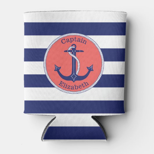 航海のいかりネイビーとコーラルパーソナライズされた 缶クーラー (正面)