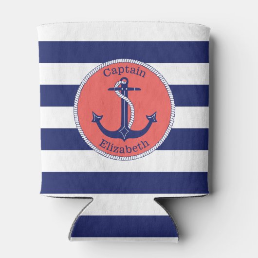 航海のいかりネイビーとコーラルパーソナライズされた 缶クーラー (裏面)