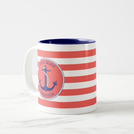 航海のいかりネイビーコーラルファーストパーソナライズされたメイト ツートーンマグカップ (正面左)