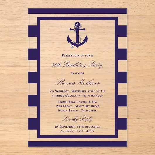航海のいかりネイビーストライプビーチバースデーパーティー アクリル招待状 (正面)