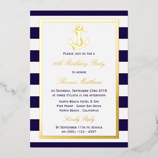 航海のいかりネイビーストライプビーチバースデーパーティー 箔招待状 (正面)