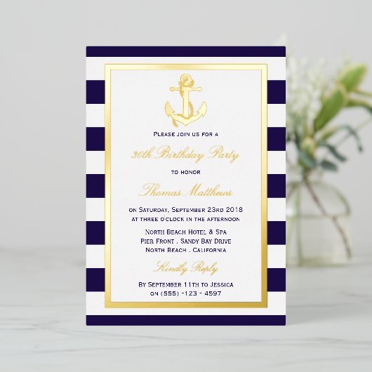 航海のいかりネイビーストライプビーチバースデーパーティー 箔招待状 (立ち正面)