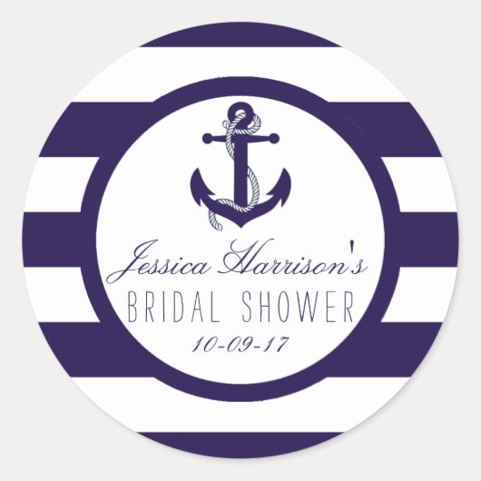 航海のいかりネイビーストライプブライダルシャワー賛成 ラウンドシール (正面)