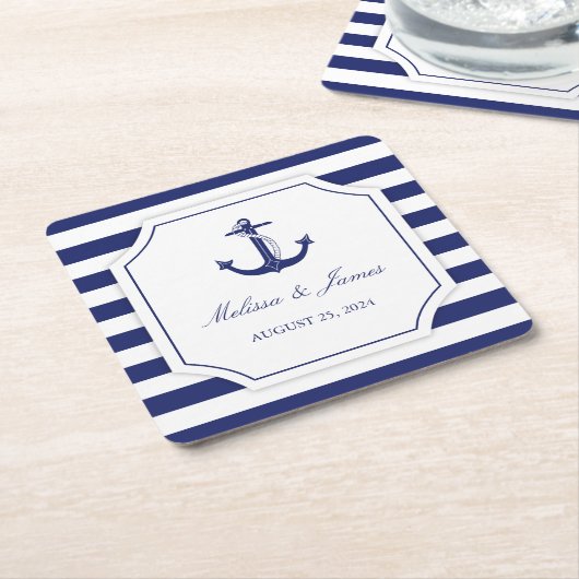 航海のいかりネイビーストライプル結婚ズ スクエアペーパーコースター (アングル)