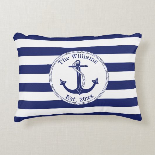 航海のいかりネイビーストライプル・ブルー・ファミリー名 アクセントクッション (正面)