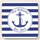 航海のいかりネイビーストライプル・ブルー・ファミリー名 コースター (正面)