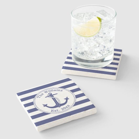 航海のいかりネイビーストライプル・ブルー・ファミリー名 ストーンコースター (横)