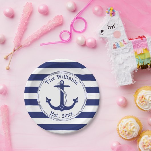 航海のいかりネイビーストライプル・ブルー・ファミリー名 ペーパープレート (パーティー)