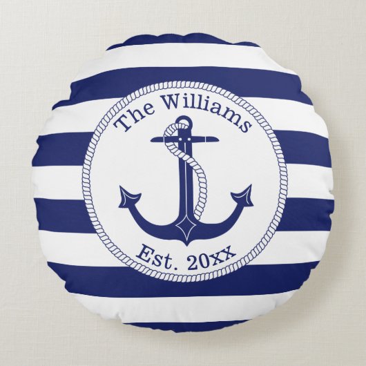 航海のいかりネイビーストライプル・ブルー・ファミリー名 ラウンドクッション (正面)