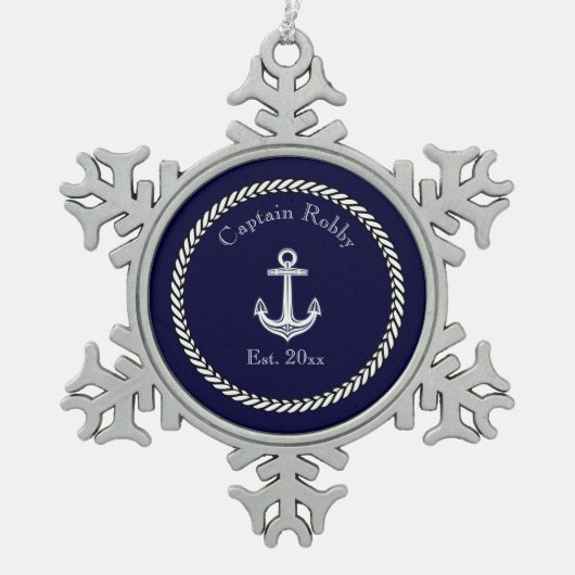 航海のいかりネイビーブルーとホワイトセラミックボール スノーフレークピューターオーナメント (正面)