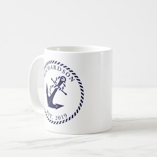 航海のいかりネイビーブルーとホワイトパーソナライズされた コーヒーマグカップ (正面左)