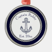 航海のいかりネイビーブルーとホワイト メタルオーナメント (正面)