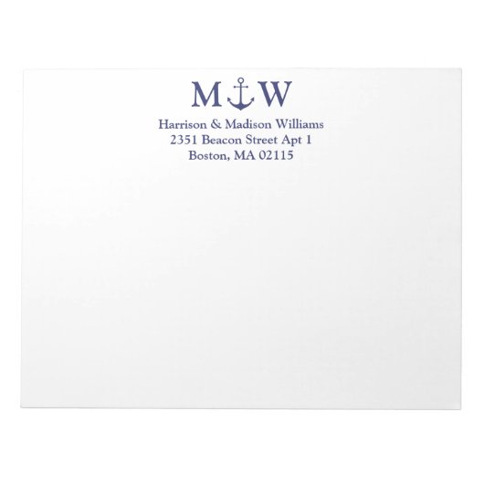 航海のいかりネイビーブルーカップルのモノグラムイニシャル ノートパッド (正面)