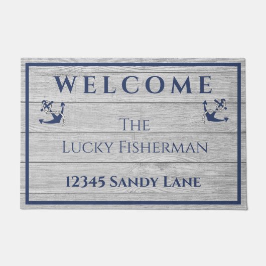 航海のいかりネイビーブルーグレーウッドボート |ホーム ドアマット (正面)