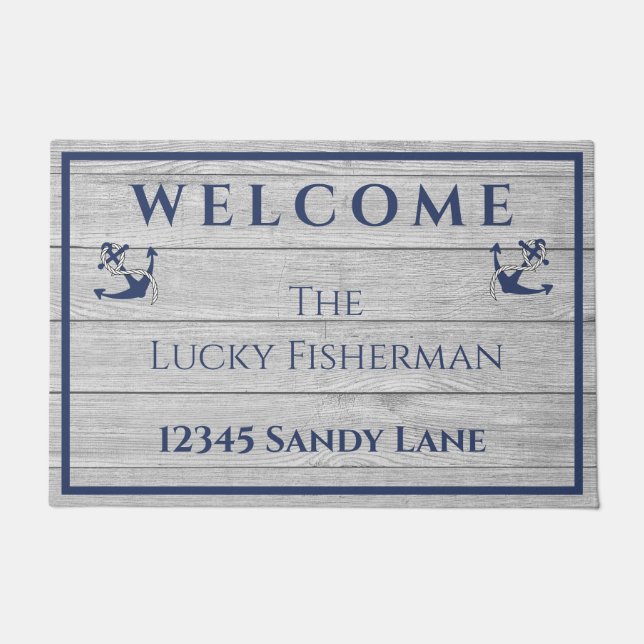 航海のいかりネイビーブルーグレーウッドボート |ホーム ドアマット (正面)