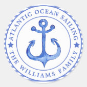 航海のいかりネイビーブルーストライプのパーソナライズされた ラウンドシール (正面)