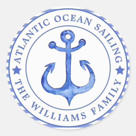 航海のいかりネイビーブルーストライプのパーソナライズされた ラウンドシール (正面)