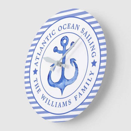 航海のいかりネイビーブルーストライプのパーソナライズされた ラージ壁時計 (傾斜)