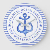 航海のいかりネイビーブルーストライプのパーソナライズされた ラージ壁時計 (正面)