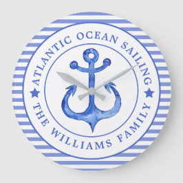 航海のいかりネイビーブルーストライプのパーソナライズされた ラージ壁時計