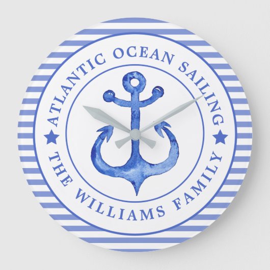 航海のいかりネイビーブルーストライプのパーソナライズされた ラージ壁時計 (正面)