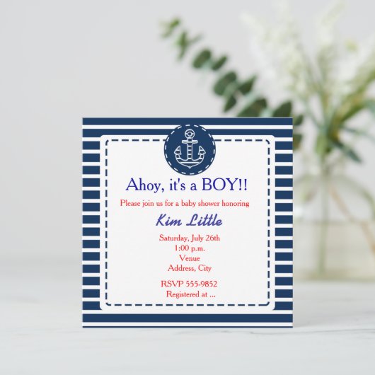 航海のいかりネイビーブルーストライプのベビーシャワー 招待状 (スタンド正面)