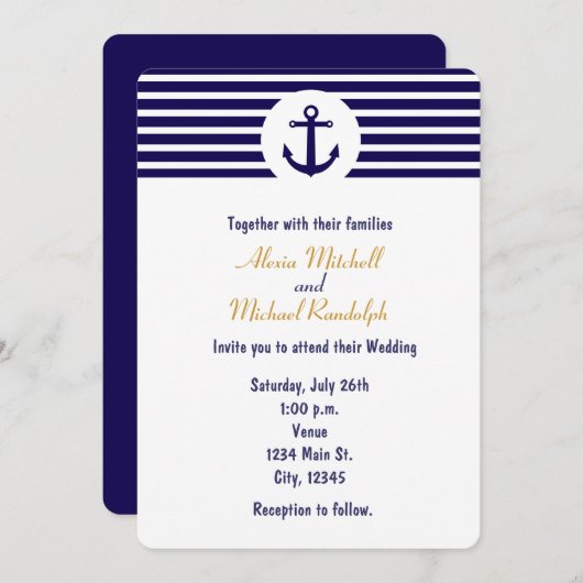 航海のいかりネイビーブルーストライプの招待状 招待状 (正面/裏面)