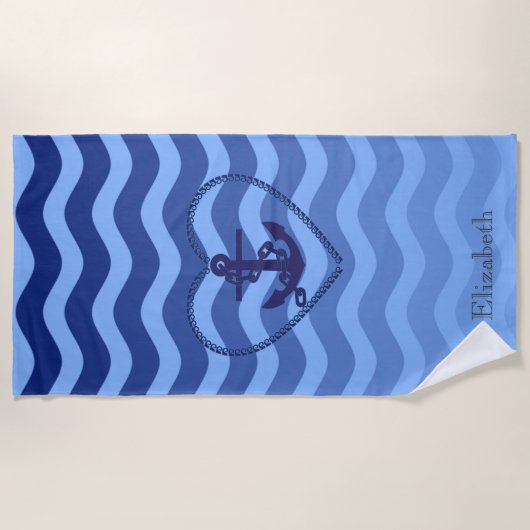 航海のいかりネイビーブルーストライプウェーブズ ビーチタオル (正面)