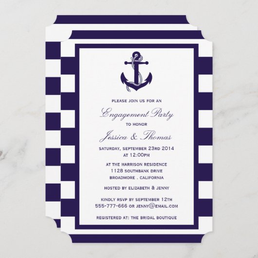 航海のいかりネイビーブルーストライプ婚約パーティ 招待状 (正面/裏面)