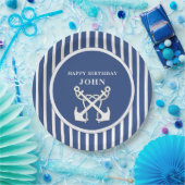 航海のいかりネイビーブルーストライプ誕生日インビタ ペーパープレート (パーティー)