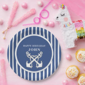 航海のいかりネイビーブルーストライプ誕生日インビタ ペーパープレート (パーティー)