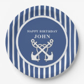 航海のいかりネイビーブルーストライプ誕生日インビタ ペーパープレート (正面)