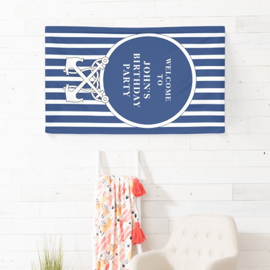 航海のいかりネイビーブルーストライプ誕生日バナー 横断幕 (インサイチュ)