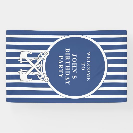 航海のいかりネイビーブルーストライプ誕生日バナー 横断幕 (横)