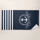 航海のいかりネイビーブルーストライプ ビーチタオル (正面)